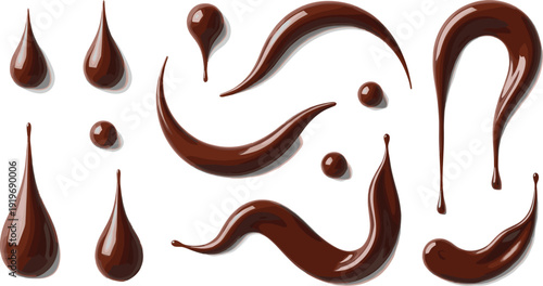 Glossy chocolate drip and droplet collection. Rich brown liquid cocoa splashes with realistic shine and shadows. Minimalist confection design isolated on white background.