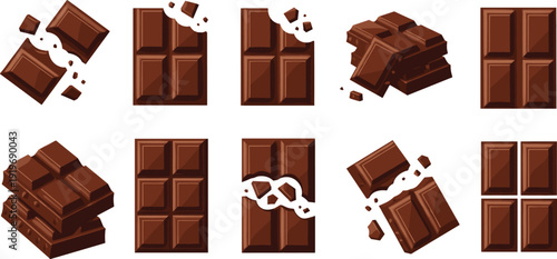 Chocolate bar illustration grid set. Glossy dark brown bars with broken pieces and white drizzle detail. Realistic confection design isolated on light gray background.