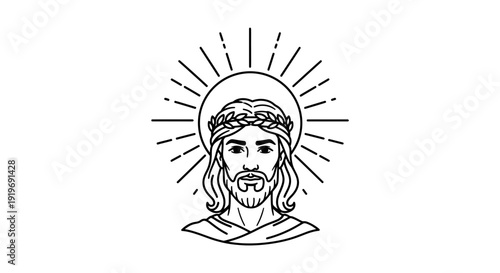 Jesus Christ Portrait, Religious Iconography, Divine Light Rays, Crown of Thorns, Christian Symbolism
