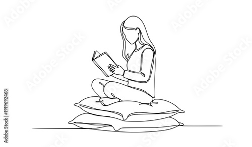 Minimal One Line Girl Reading Illustration for Self Care and Wellness Concept