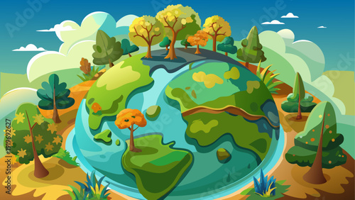 Whimsical illustration of a vibrant, animated globe with playful elements and nature motifs