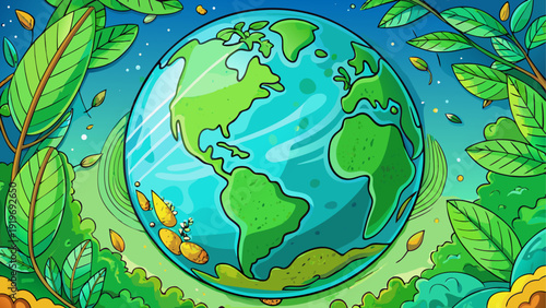 A vibrant depiction of a global map with interconnected continents and nature elements.