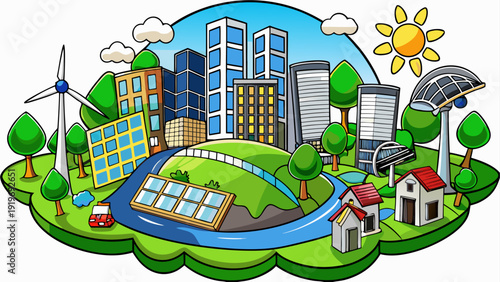 A vibrant emblem featuring a cityscape with natural and industrial elements harmoniously combined