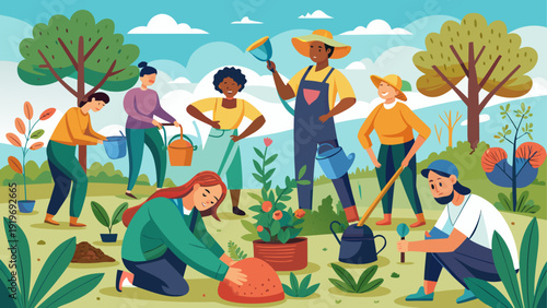 Diverse group of people enjoying a sunny day in a lush garden together