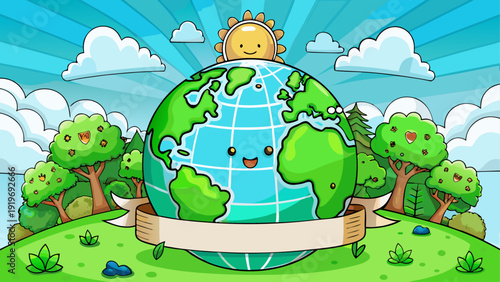 Whimsical cartoon depiction of a vibrant, floating island surrounded by cheerful nature