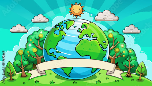 A cheerful cartoon turtle sitting atop a lush, green cloud formation with a banner.