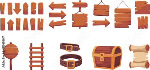 Pirate wooden signboards and treasure icons vector illustration set featuring arrows, planks, chest, belts and scrolls, cartoon flat design adventure elements isolated collection