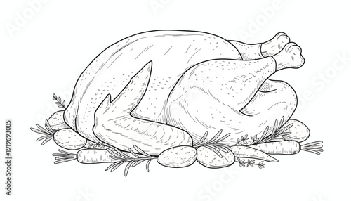 Hand-drawn illustration of a roasted turkey with vegetables and herbs, perfect for holiday feasts.