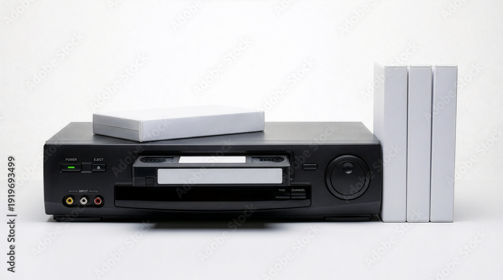 Fototapeta premium black VCR with video tape and stack of video tape boxes