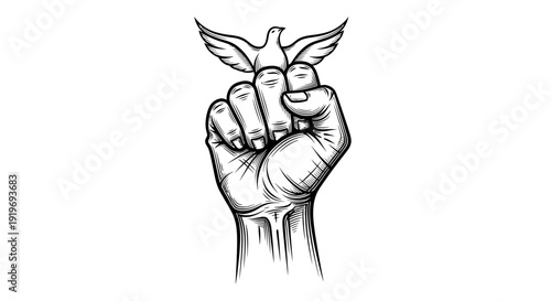 Fist holding a dove, symbol of peace and freedom, hand raised in protest, black and white sketch
