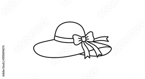 Elegant Wide-Brimmed Sun Hat with Bow Accent, Simple Line Art Illustration