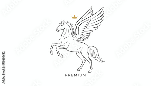 Elegant Winged Horse Pegasus with Crown and "Premium" text, Mythical Creature Logo