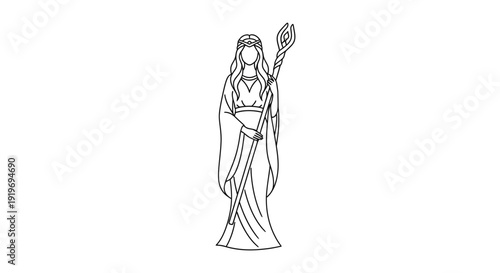 Elegant Woman Holding Staff, Outline Drawing, Fantasy Character, Goddess, Sorceress