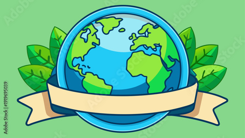 A vibrant depiction of a green globe surrounded by leaves with a banner below it