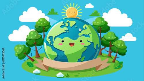 A vibrant illustration celebrating earth's beauty with lush greenery and a smiling globe