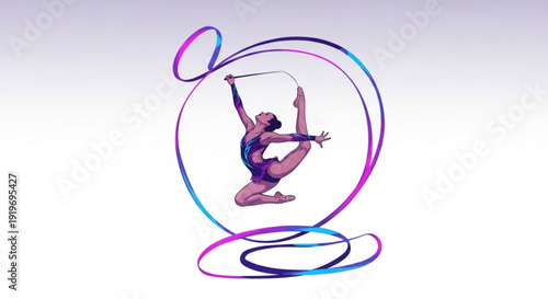 Rhythmic Gymnast Performing with Ribbon in Dynamic Pose, Isolated Vector Illustration