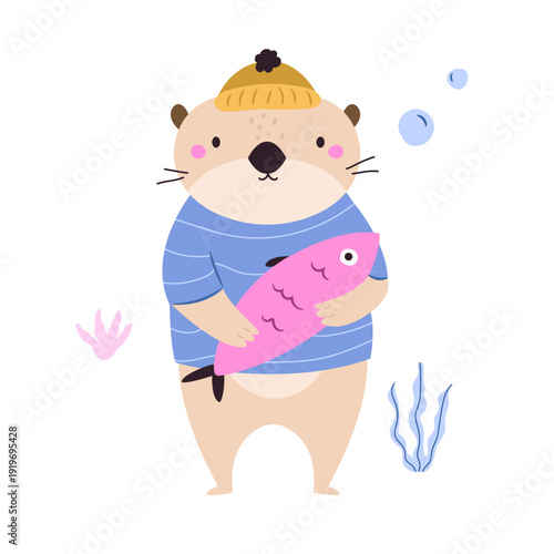 Cute Otter Holding Fish Cartoon Animal Illustration for Kids Design. Sweet Cartoon Art for Nursery Print, Clothing