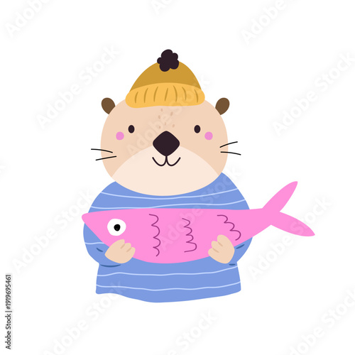 Cute Otter Holding Fish Cartoon Animal Illustration for Kids Design. Sweet Cartoon Art for Nursery Print, Clothing