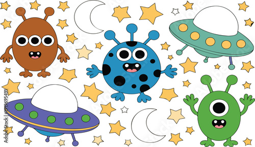 Cute Alien Monster Characters with UFOs – Kawaii Space Vector Set