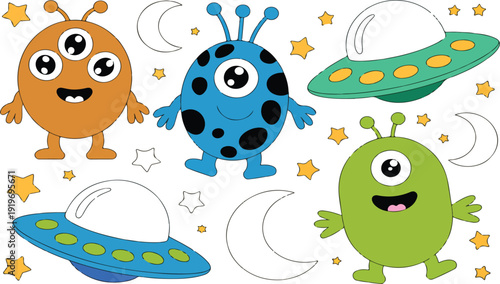 Cute Alien Monster Characters with UFOs – Kawaii Space Vector Set