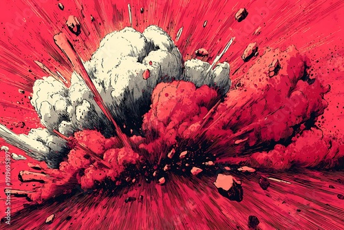 Intense red explosion with white and red smoke and flying debris blast boom