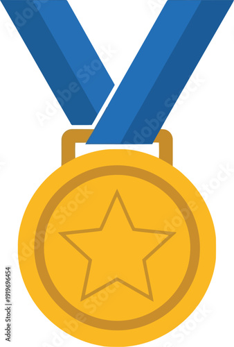 Gold medal icon with a blue ribbon and a five pointed star in the center on white background