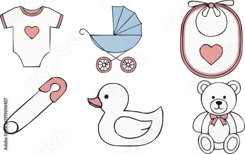 Cute Baby Essentials Illustration Set: Onesie, Stroller, Bib, Safety Pin, Duck, Teddy