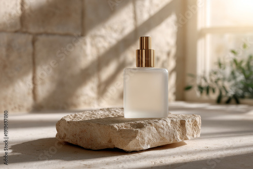Elegant frosted glass cosmetic bottle sits on raw stone, bathed in soft sunlight, highlighting luxurious textures and eco-minimal aesthetic for beauty products