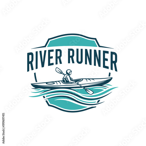 River Runner Logo Depicting Kayaker Paddling on Water with Waves and Shield.