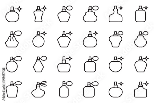 Collection of twenty four outline icons representing perfume bottles with atomizers and sparkles for beauty