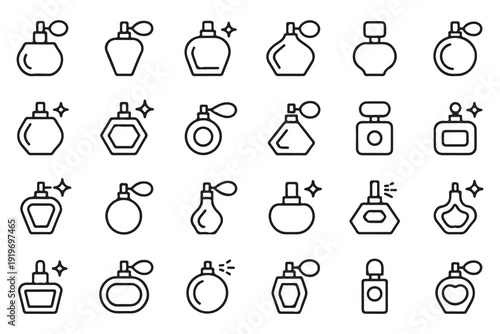 Variety of twenty four linear icons depicting perfume bottles with atomizers and sparkles on white