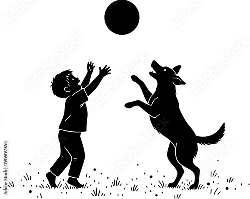 Joyful child and playful dog silhouette, outdoor companionship, reaching for ball in nature, friendship, family fun, pet bonding, happiness, carefree childhood moments