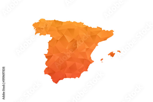 Spain Map - Polygon Style Vector Illustration in Orange Gradient, Low Poly Geometric Design, Isolated on White Background for Infographics and Education.