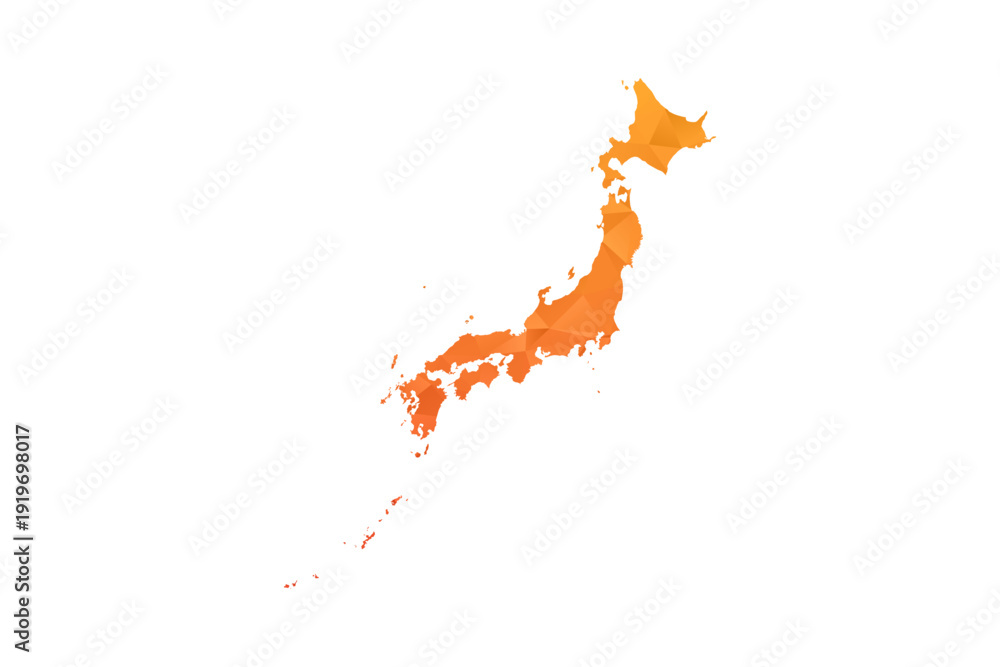 Fototapeta premium Japan Map - Polygon Style Vector Illustration in Orange Gradient, Low Poly Geometric Design, Isolated on White Background for Infographics and Education.