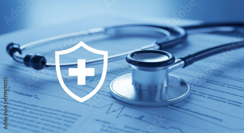 Medical Insurance Shield Icon Over Stethoscope and Medical Chart, Representing Protection and Health Security