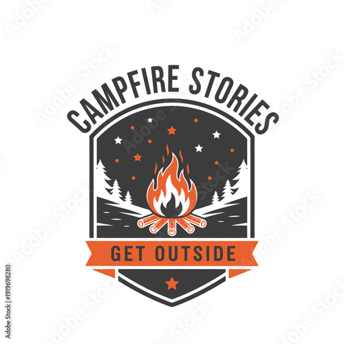 Campfire Stories - Get Outside, a captivating emblem of outdoor adventure and storytelling.