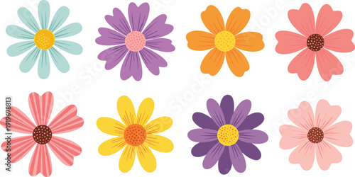 Colorful spring flowers set with various petals, yellow centers and vibrant blooms isolated on white background.