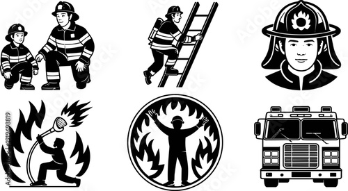 Firefighter icons vector set, emergency response illustrations, fire truck rescue symbols, safety training graphics, fire hose action, protective gear helmet, firefighting operations
