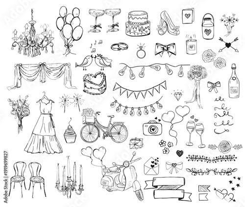 Hand-drawn wedding doodles and celebration icons set