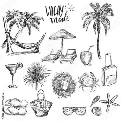 Hand drawn vacay mode summer vacation doodles set