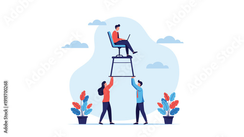 Energetic businessman uses a giant spring to jump over a gap toward a rising bar chart, representing taking shortcuts to success and rapid growth.