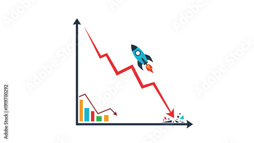 Business graph with a red downward arrow and crashing rocket ship illustrating financial failure or market decline.