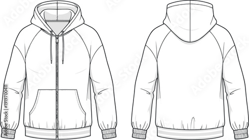 Blank white raglan sleeve zip hoodie flat sketch template vector illustration front and back view for apparel fashion tech pack.
