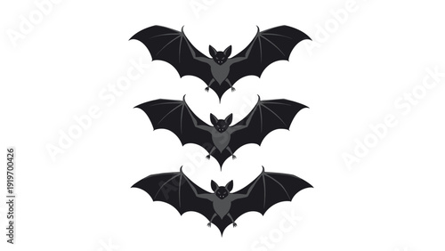 Set of three detailed black bat silhouettes flying in a vertical line against a clean white background representing Halloween nature.