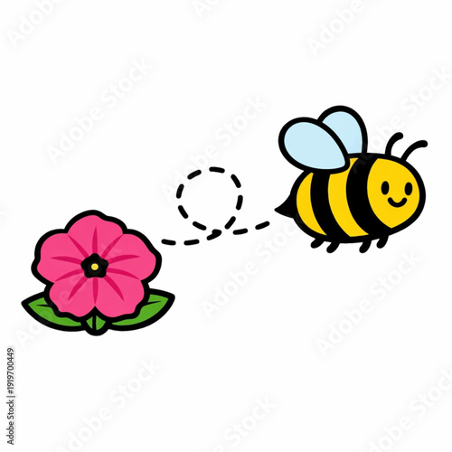 Pollination concept illustration with bee and spring flowers