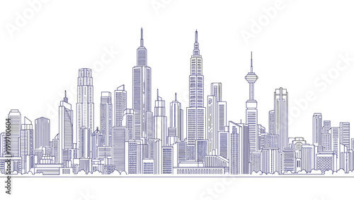 Elegant line drawing of a sprawling modern city skyline with skyscrapers and towers, representing urban growth and architecture.