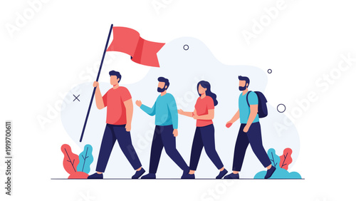 Diverse group of people following a man carrying a red flag on a pole, illustrating leadership, teamwork, and common goals.