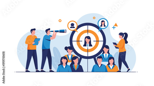 Team of recruiters or analysts using a telescope and binoculars to find the right candidate or target person on a large bullseye.