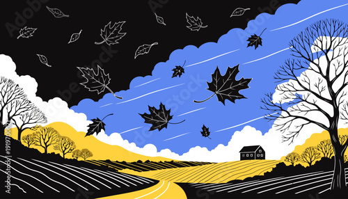 Autumn landscape with leaves falling in windy weather