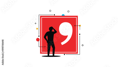 Creative concept showing a man thinking in front of a giant comma inside a red square, symbolizing pause, thought, or grammar.
